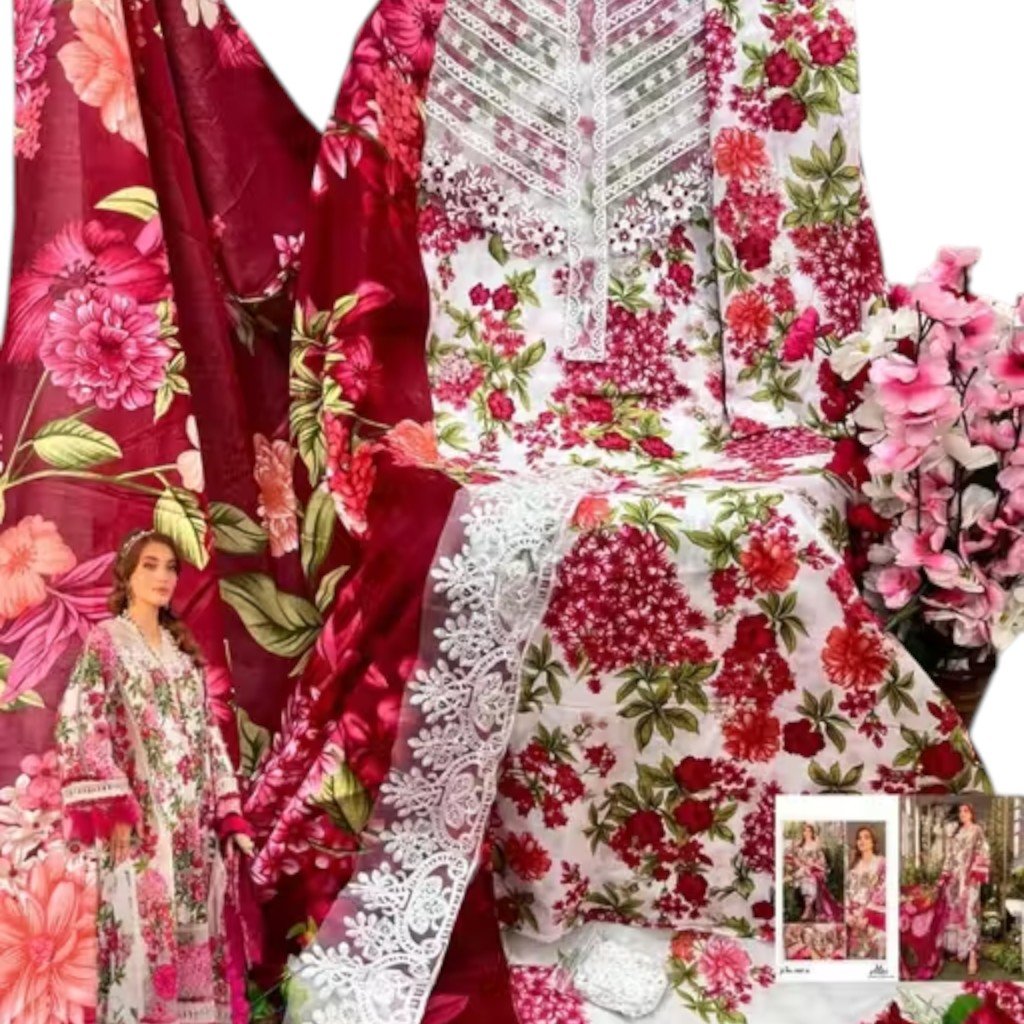 Pakistani Kurta Set for Women Cotton Embroidered Unstitched Suit - Image 3