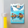 Black and white Kashmir fridge magnet featuring traditional Kashmiri houseboat and mountain architecture design souvenir