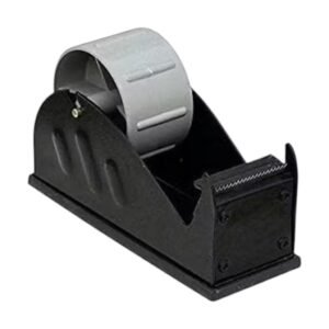 Black and white architectural style metal tape dispenser with bold lines on a modern workspace desk