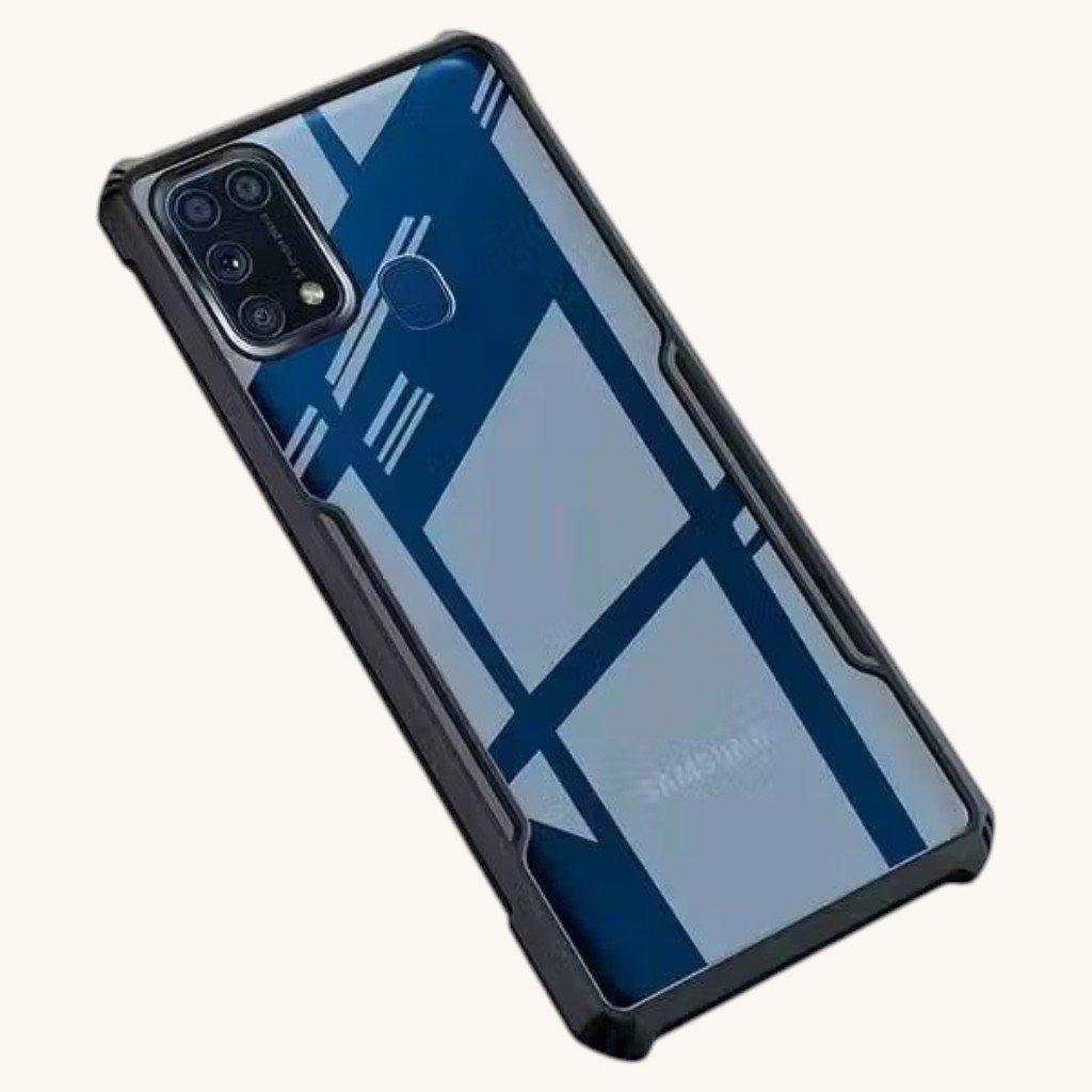 Samsung M31 back cover in blue transparent polycarbonate. Slim, durable, and stylish protection with a clear design for everyday use.