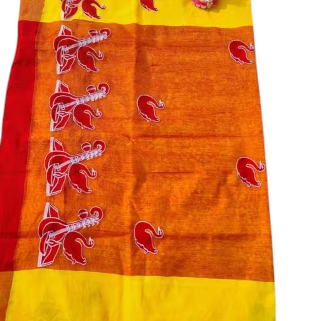 Saraswati Puja Handloom Cotton Blend Printed Saree - Image 2