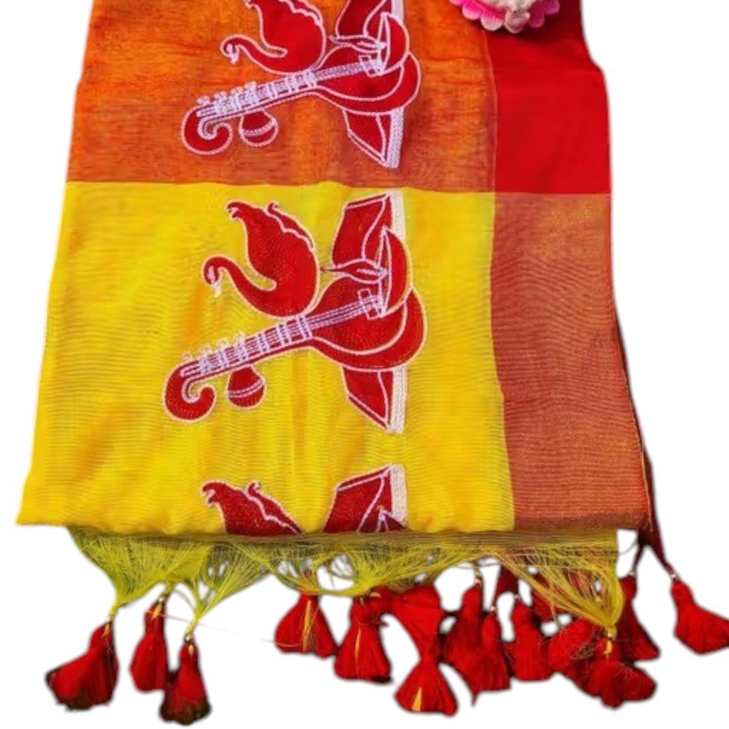 Saraswati Puja Handloom Cotton Blend Printed Saree - Image 5