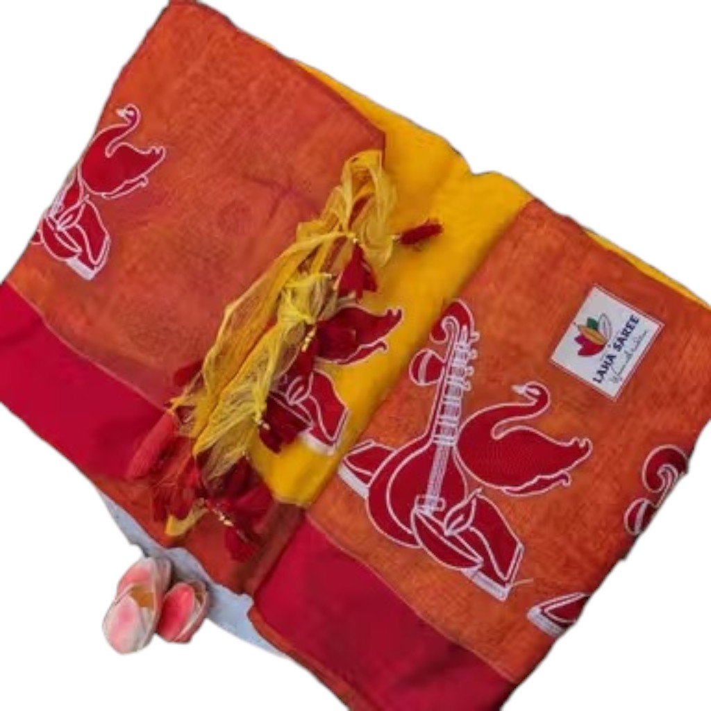 Saraswati Puja Handloom Cotton Blend Printed Saree - Image 3
