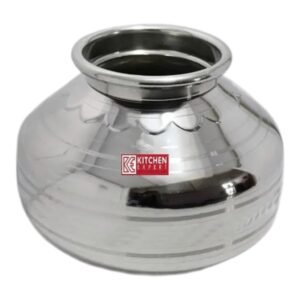 Polished stainless steel kitchen kalash with wide mouth and traditional rounded body design for water storage and kitchen use