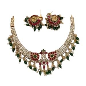 Gold-plated jewellery set with cubic zirconia stones and pearl accents including necklace and earrings