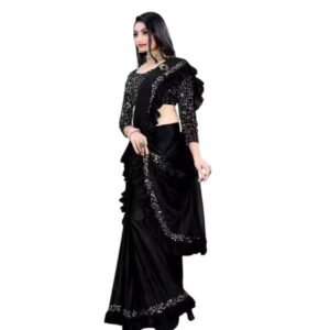 Lycra ruffle party wear saree with velvet blouse