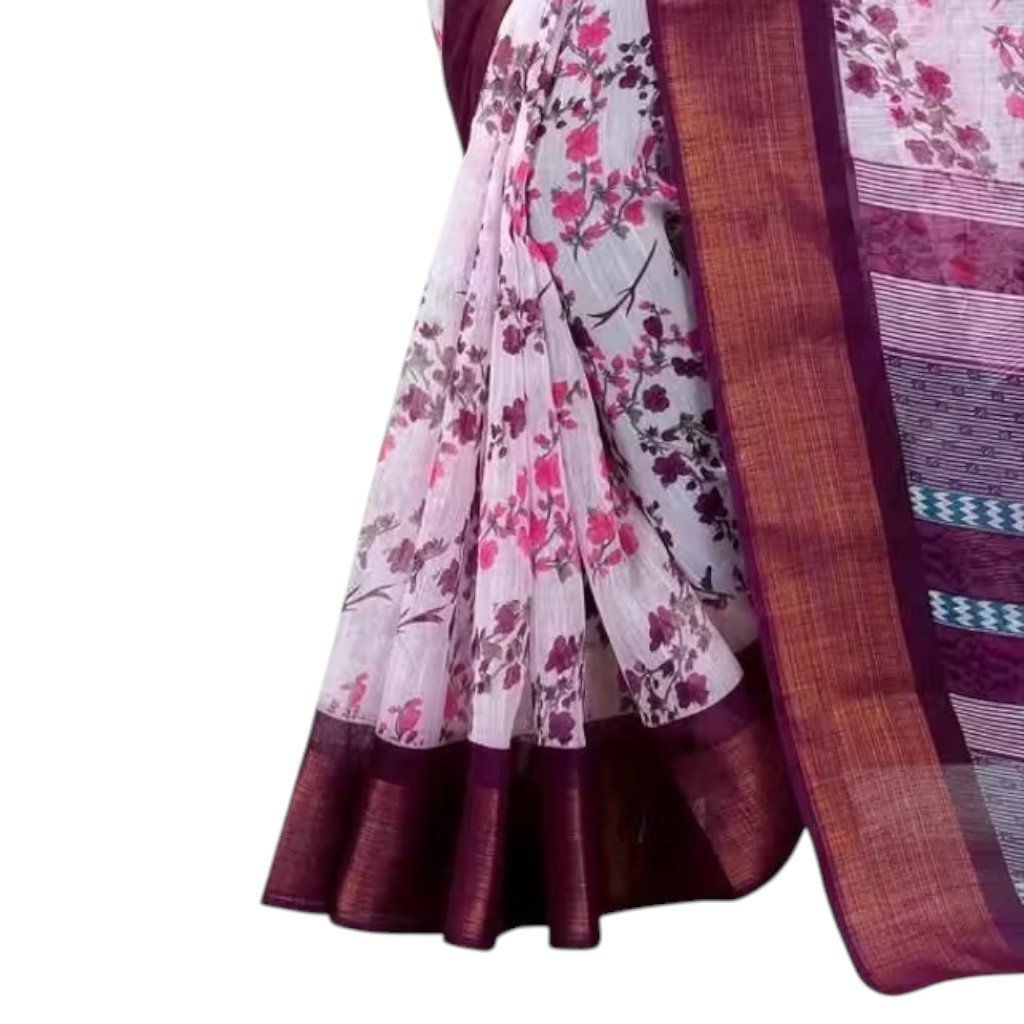 Trending White Floral Cotton Saree with Purple Blouse - Image 5