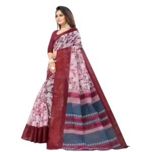 Trending White Floral Cotton Saree with Purple Blouse