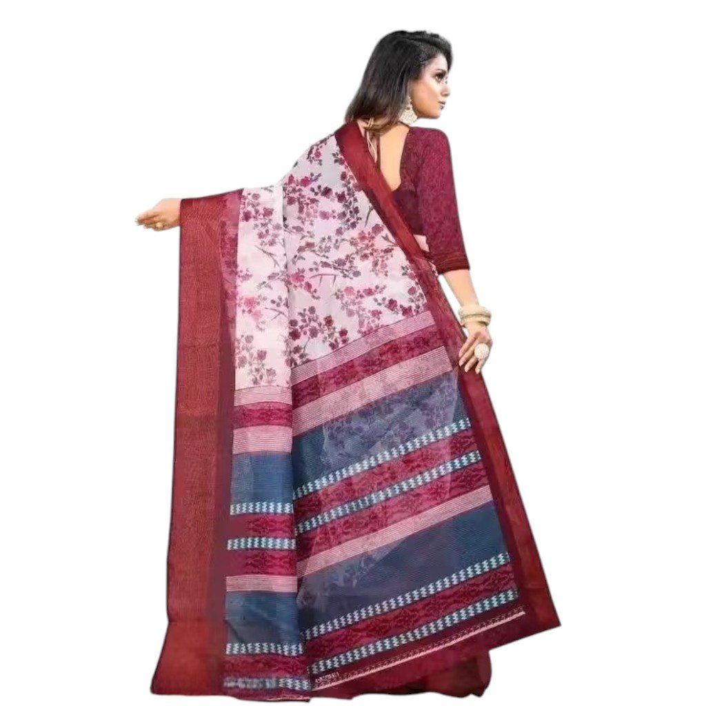 Trending White Floral Cotton Saree with Purple Blouse - Image 3