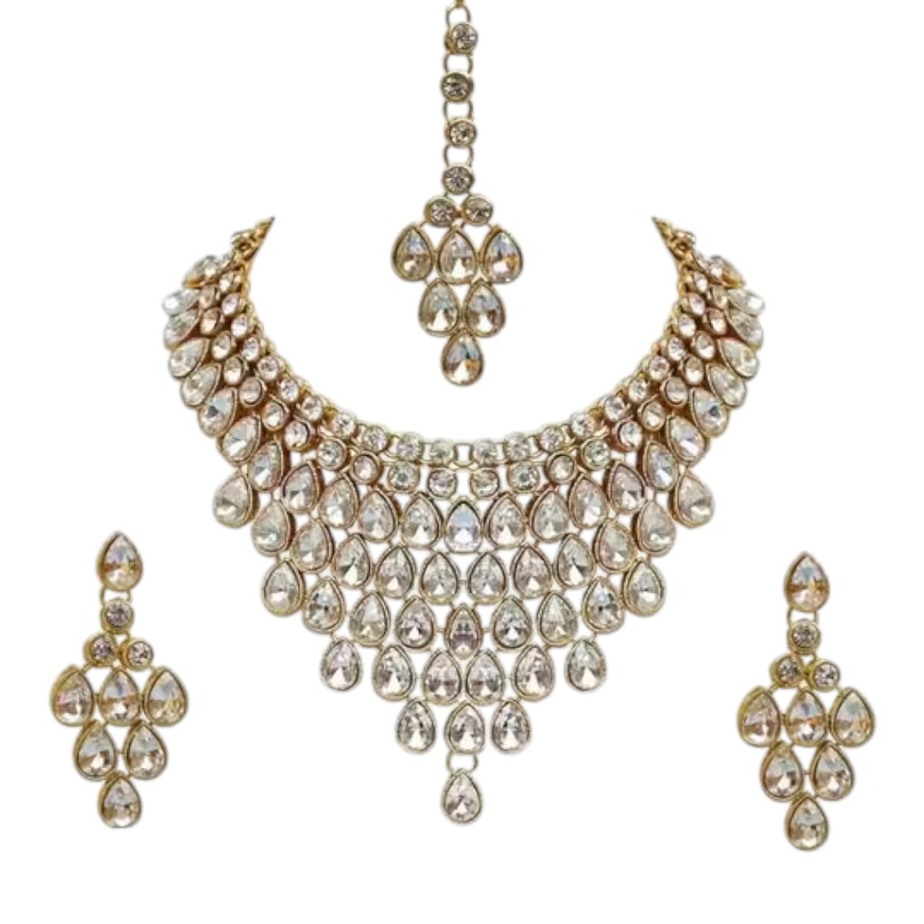 Women's Gold Plated Polki Jewellery Set with Necklace, Earrings & Maangtika - Image 2