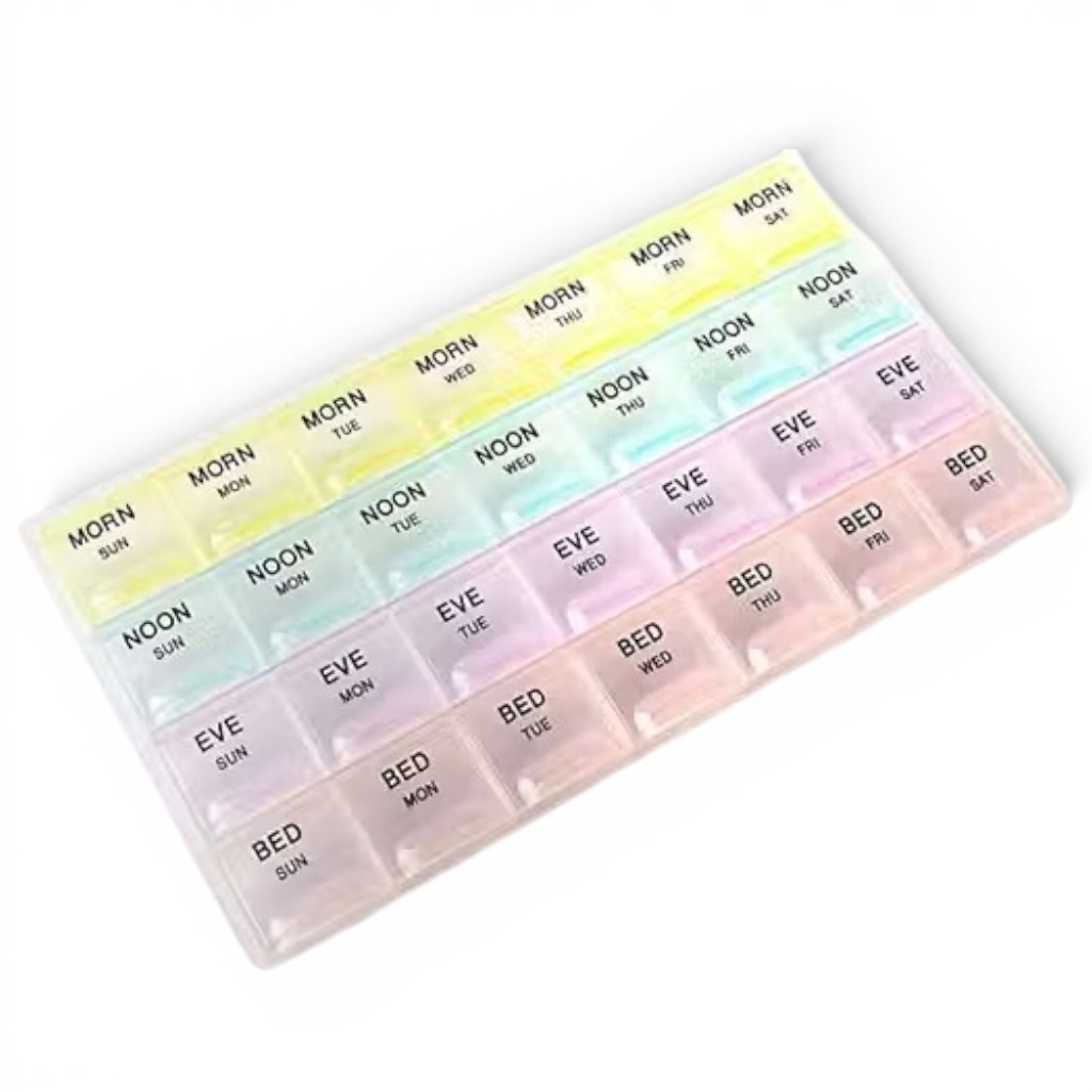 28 day pill medicine organizer box with removable daily compartments and secure storage lids in white color