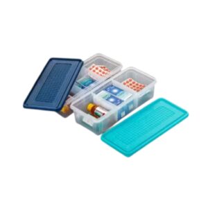Combo of 2 three-layer medicine organizer storage boxes in blue and green color with multiple compartments and carrying handle for medicine, first aid, cosmetics, and household storage.
