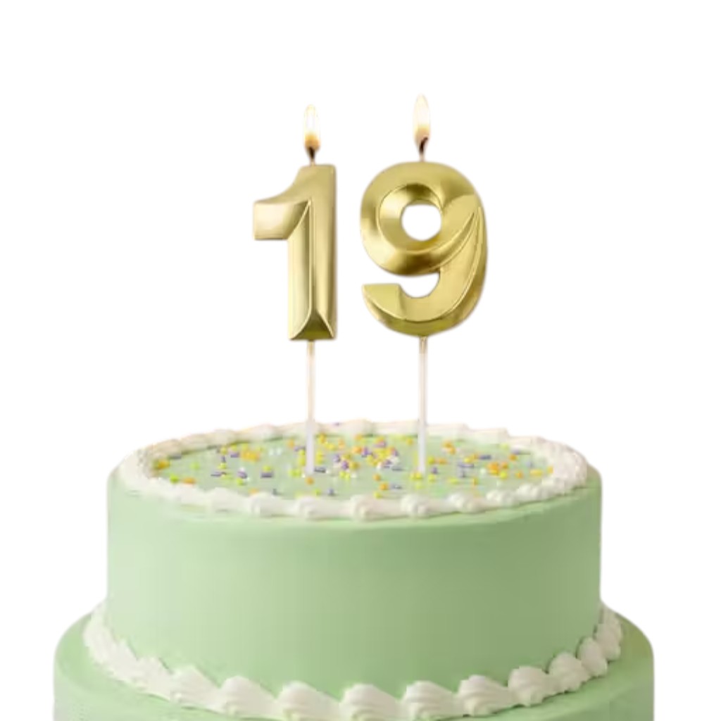 Gold Number 19 Birthday Candle – Metallic 3D Cake Topper