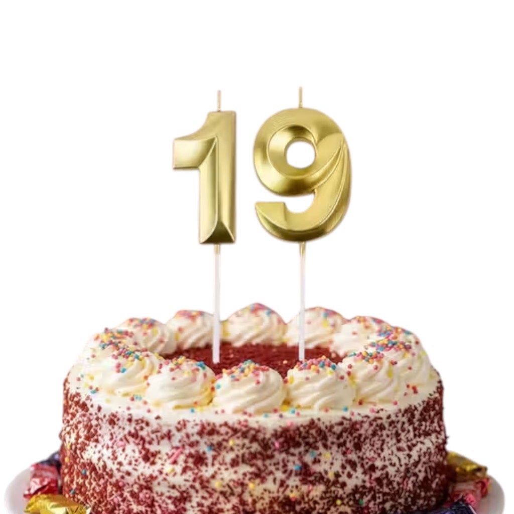 Gold Number 19 Birthday Candle – Metallic 3D Cake Topper - Image 2
