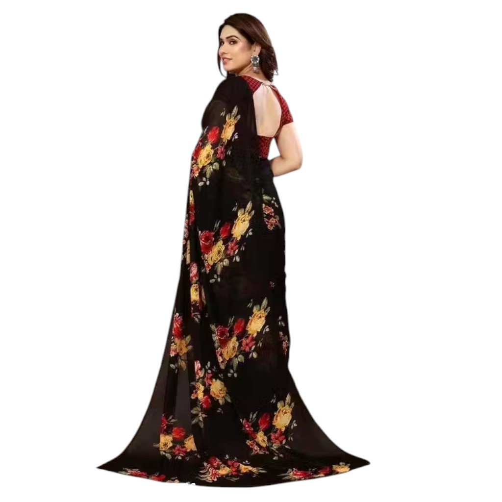 Women’s Designer Floral Printed Georgette Saree with Blouse Piece - Image 4
