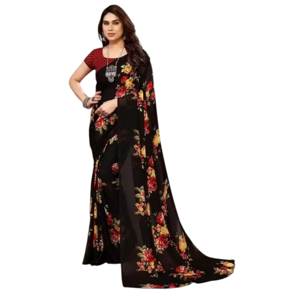 Women’s Designer Floral Printed Georgette Saree with Blouse Piece - Image 2